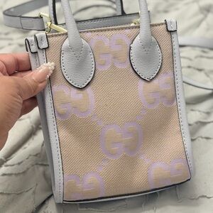Gucci Beige Canvas Mini Tote with Light Lavender Logo and Pale Gray Trim